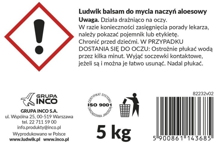 Ludwik Płyn do mycia naczyń Balsam aloesowy 5 kg etykieta